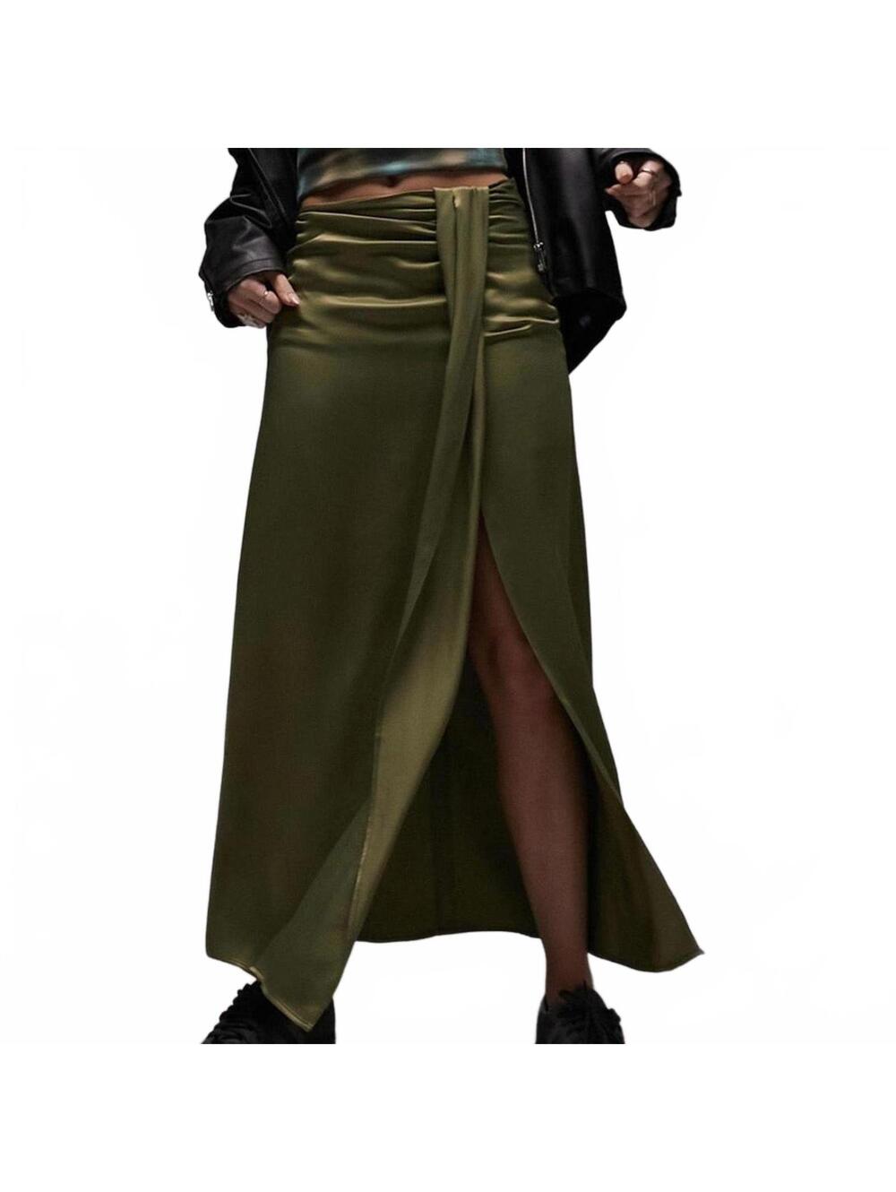 Topshop Ruched Front Vent Satin Maxi Skirt Sarong Skirt NWT Green Size 2